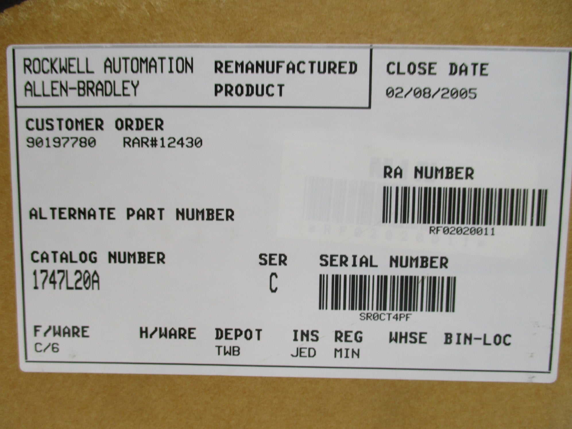 ALLEN BRADLEY 1747-L20A SER. C F/W 6 REMAN
