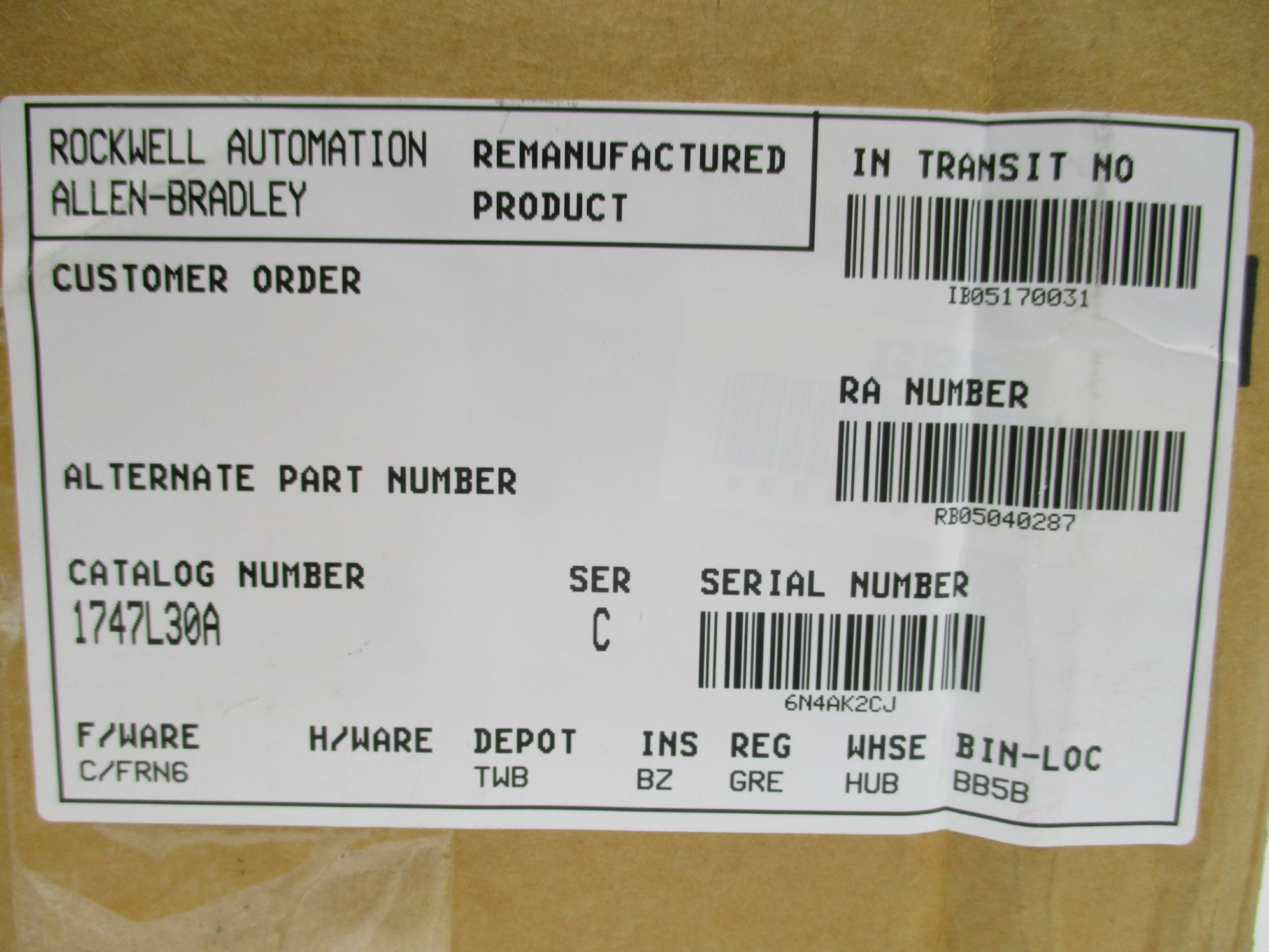 ALLEN BRADLEY 1747-L30A SER. C F/W 6 REMAN