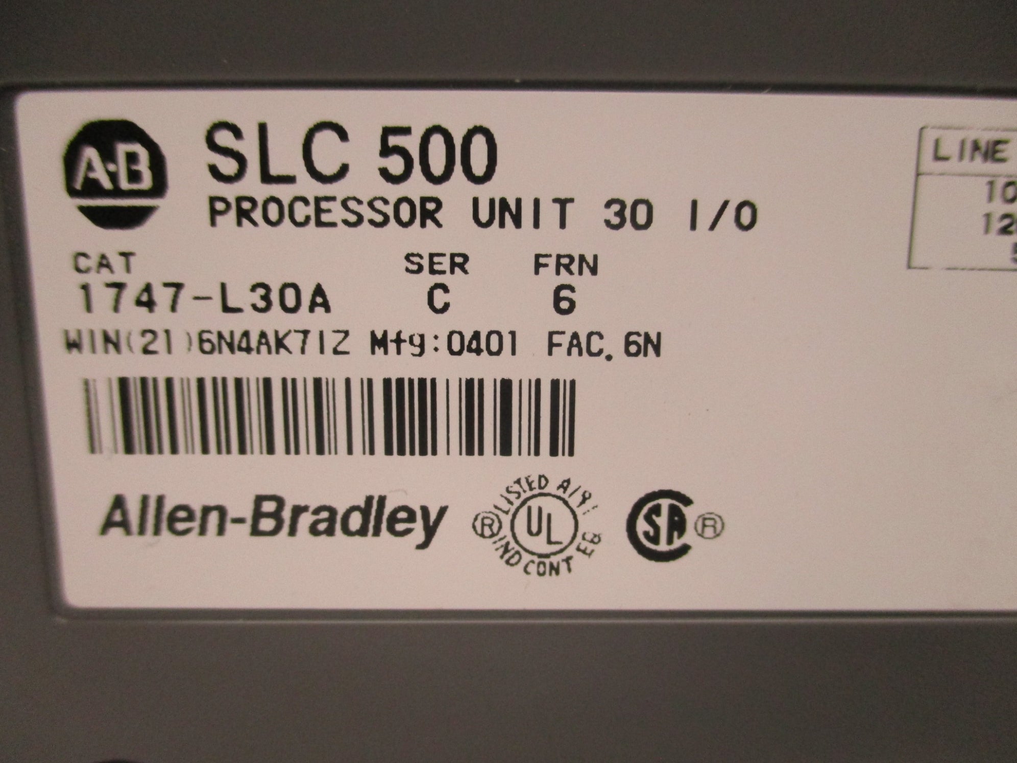 ALLEN BRADLEY 1747-L30A SER. C 120/240VAC 15A F/W 6 NSMP