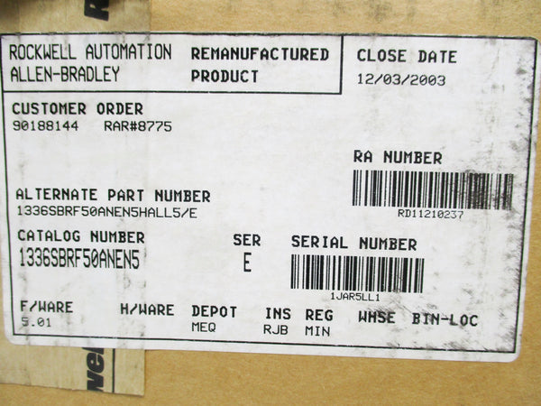 ALLEN BRADLEY 1336F-BRF50-AN-EN5-HA2-L6 SER. E F/W 5.01 REMAN