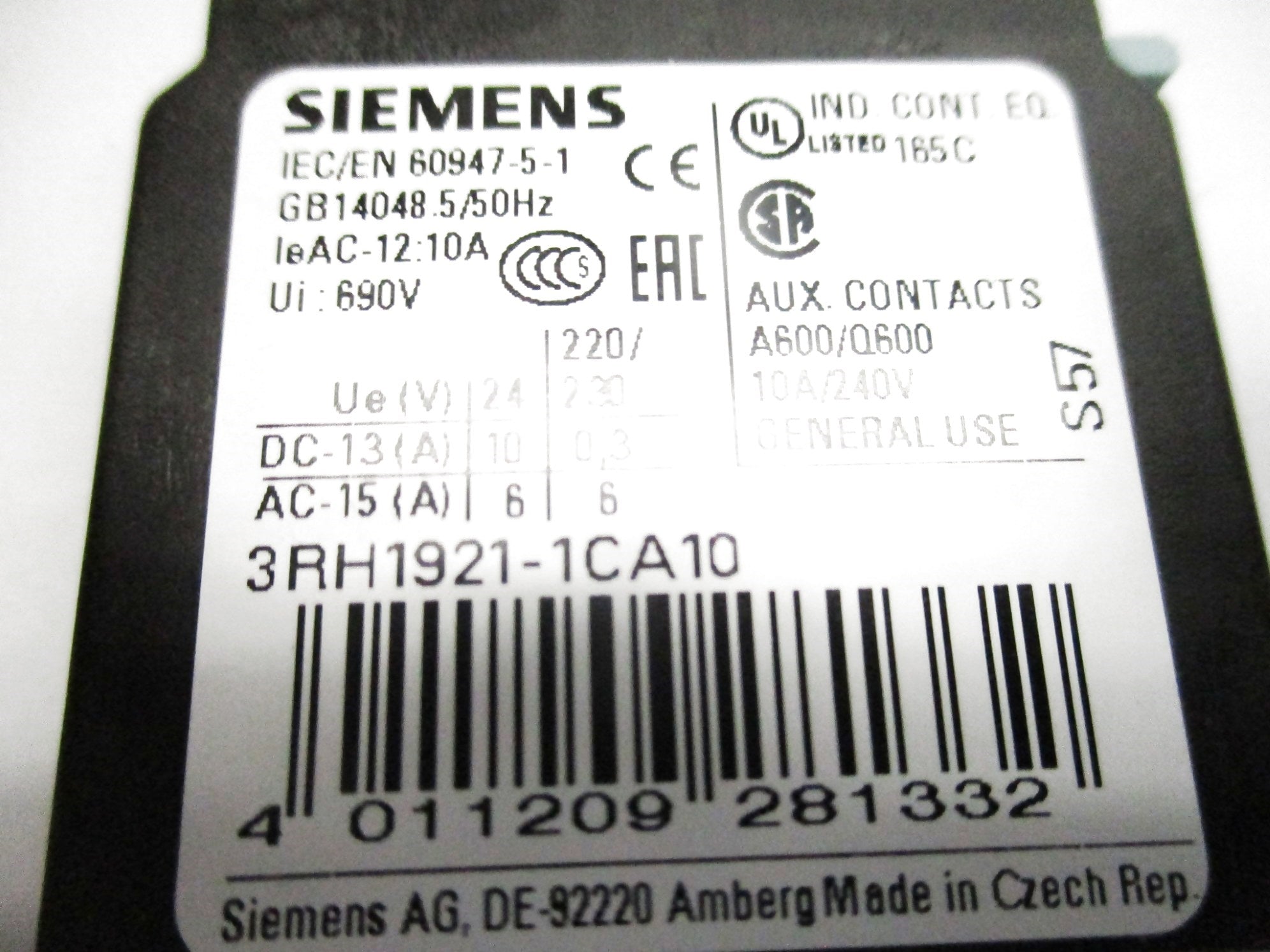SIEMENS 3RH1921-1CA10 240V 10A NSNP