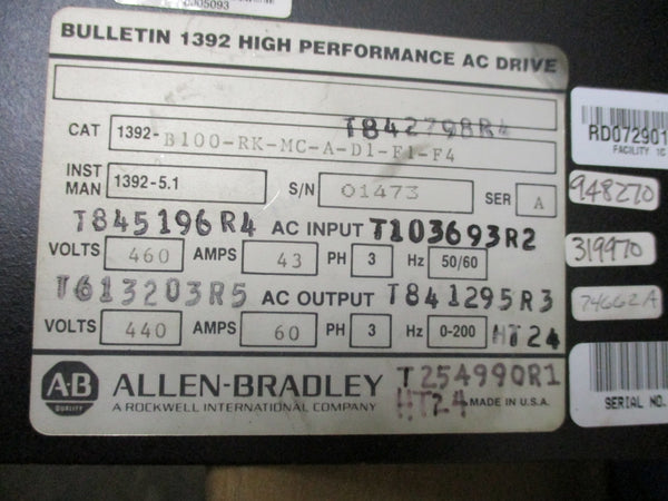 ALLEN BRADLEY 1392-B100-RK-MC-A-D1-F1-F4 SER. A REMAN