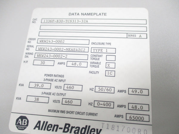 ALLEN BRADLEY 1336F-B30-TCS313-32A SER. A UNMP