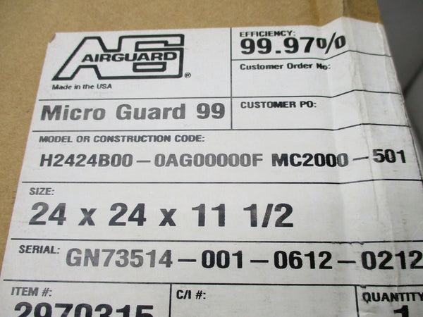 AIRGUARD 2970315 H2424B00-0AG00000F 24X24X11 1/2 NSMP