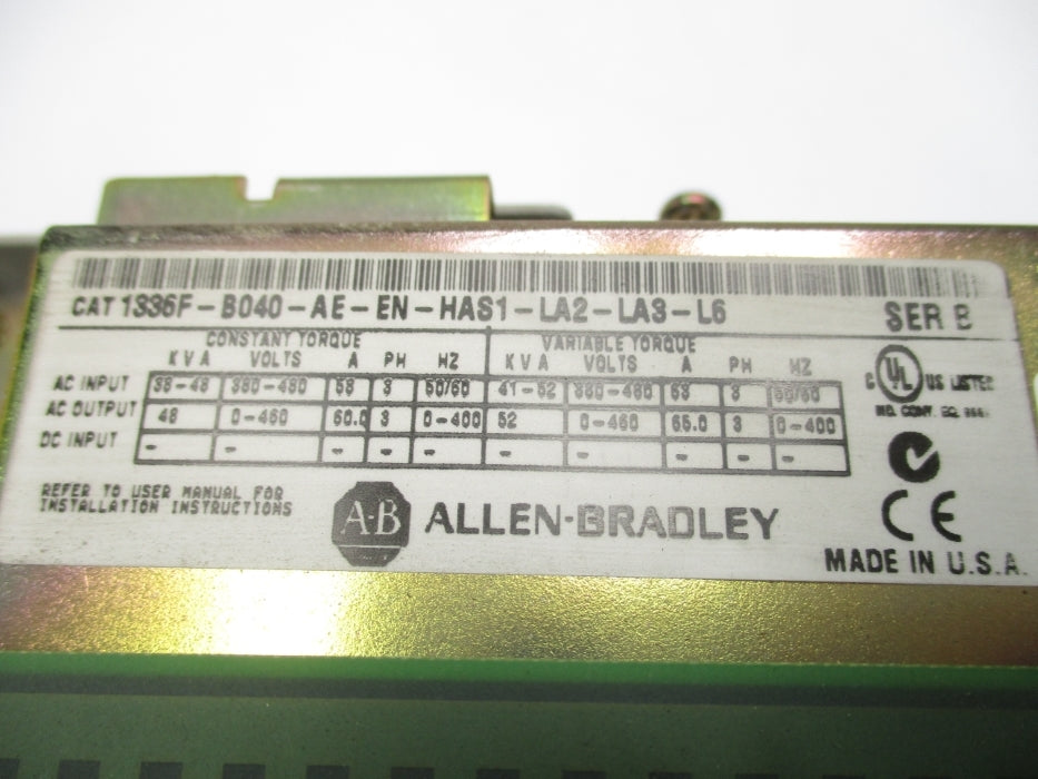ALLEN BRADLEY 1336F-B040-AE-EN-HAS1-LA2-LA3-L6 SER. B UNMP