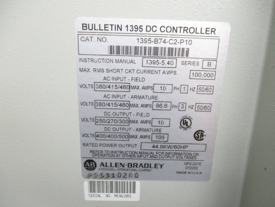 ALLEN BRADLEY 1395-B74-C2-P10 SER. B 10-86.6A UNMP