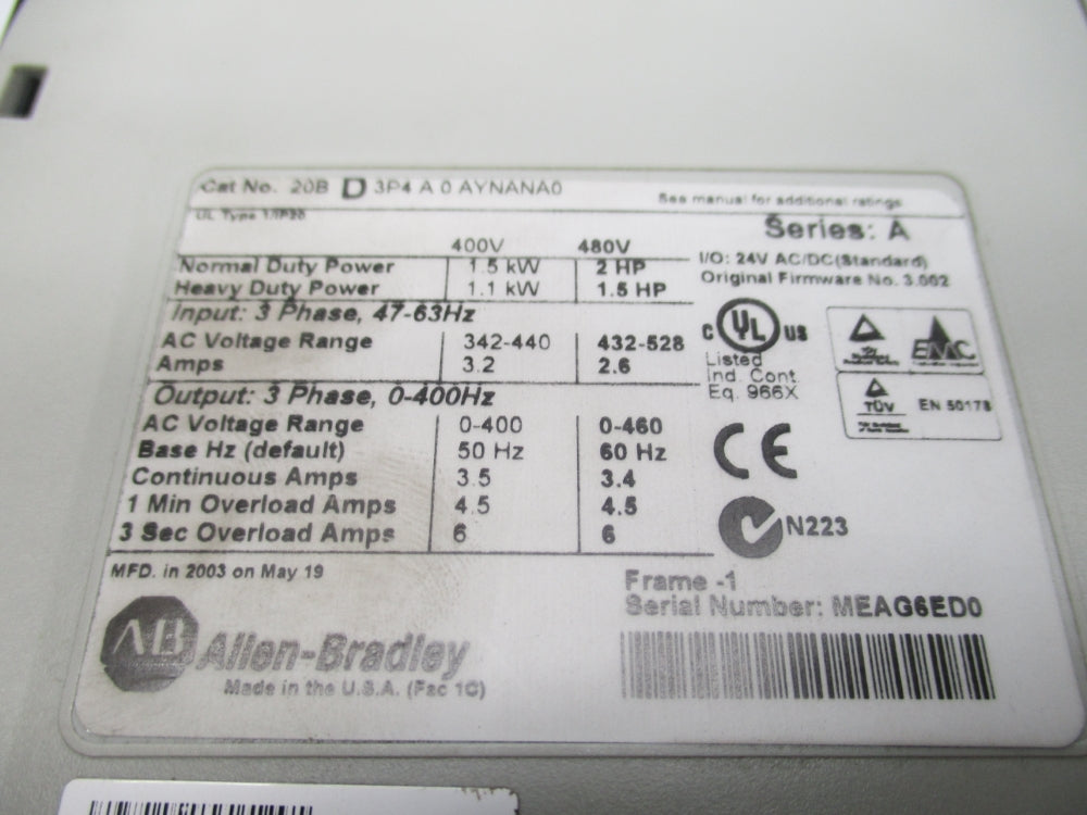 ALLEN BRADLEY  20BD3P4A0AYNANA0 SER. A F/W 3.002 NSNP