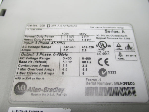 ALLEN BRADLEY  20BD3P4A0AYNANA0 SER. A F/W 3.002 NSNP