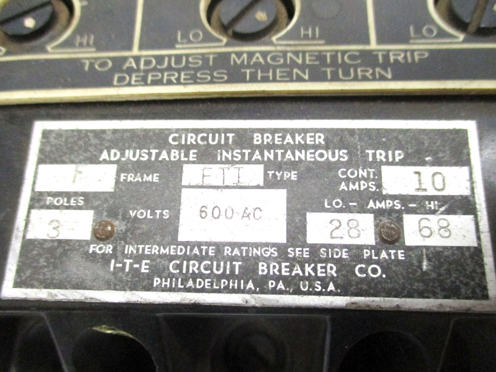 I-T-E CIRCUIT BREAKER ETI310 UNMP
