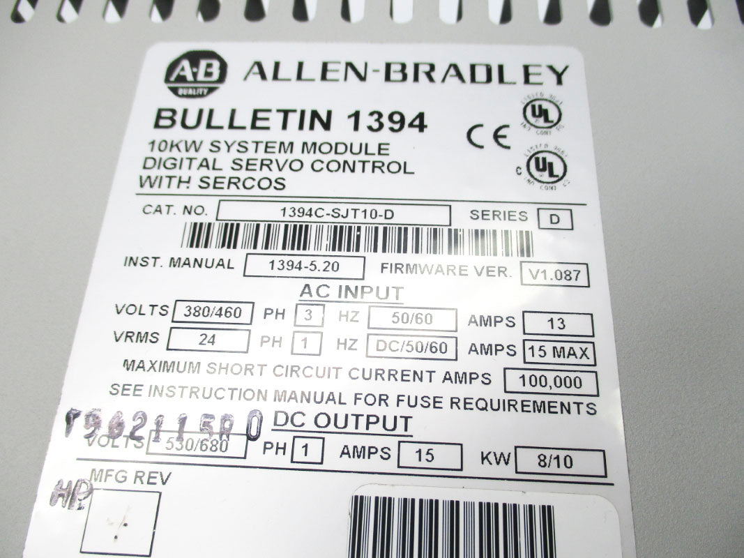 ALLEN BRADLEY 1394C-SJT10-D SER. D 380/460V 15A F/W V1.087 NSNP