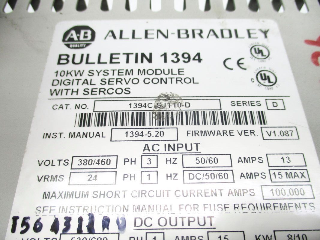 ALLEN BRADLEY 1394C-SJT10-D SER. D 380/460V 15A F/W V1.087 UNMP