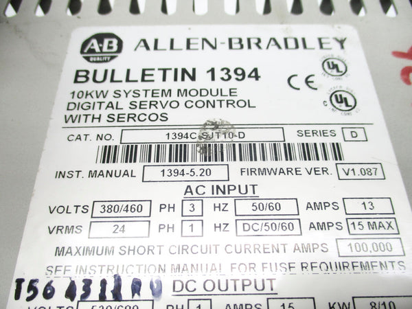 ALLEN BRADLEY 1394C-SJT10-D SER. D 380/460V 15A F/W V1.087 UNMP