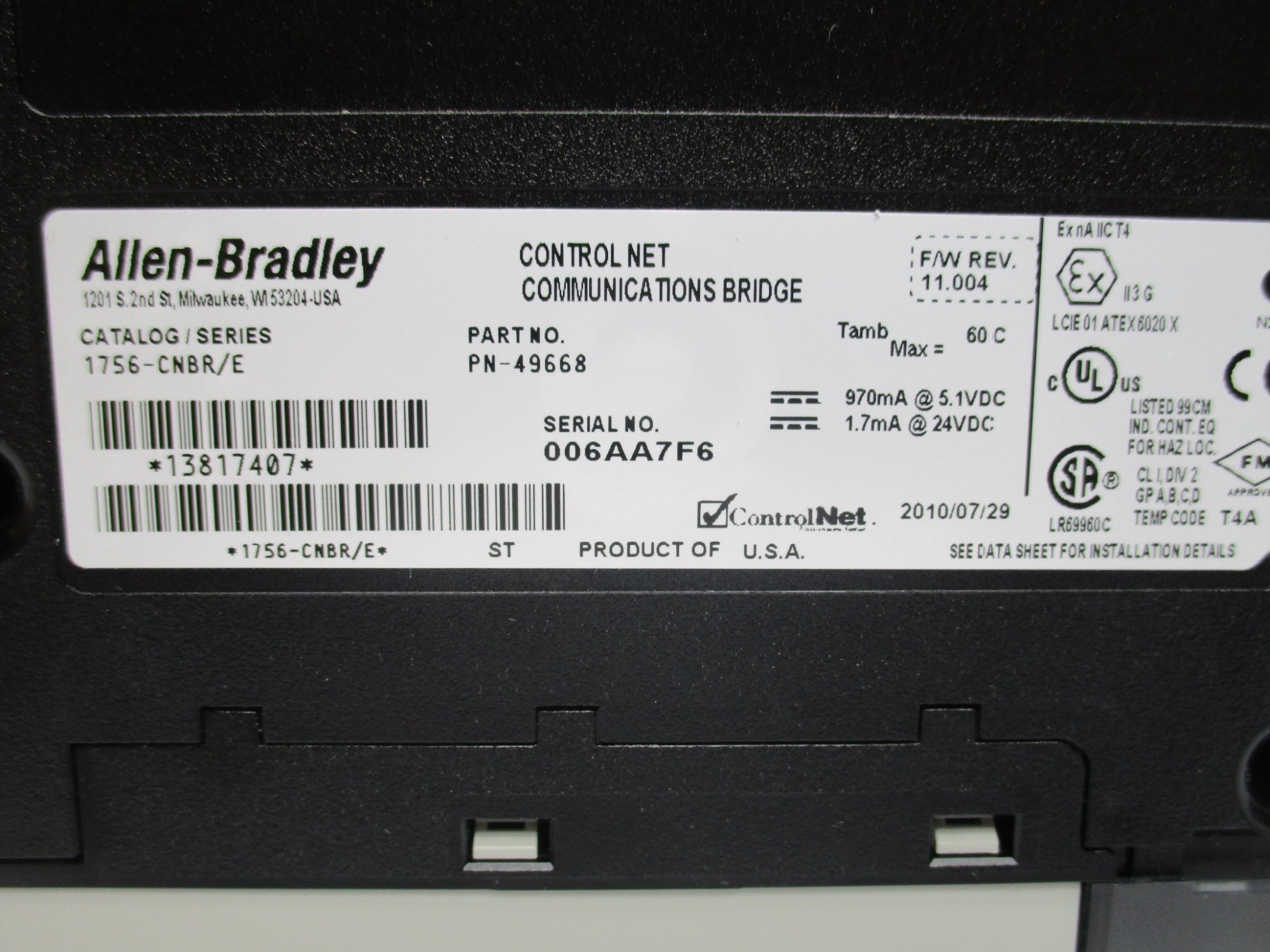ALLEN BRADLEY 1756-CNBR SER. E F/W 11.004 24VDC NSNP