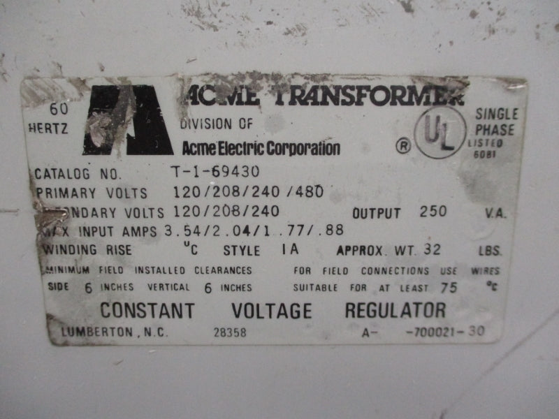 ACME ELECTRIC T-1-69430 480V 3.54A NUPI