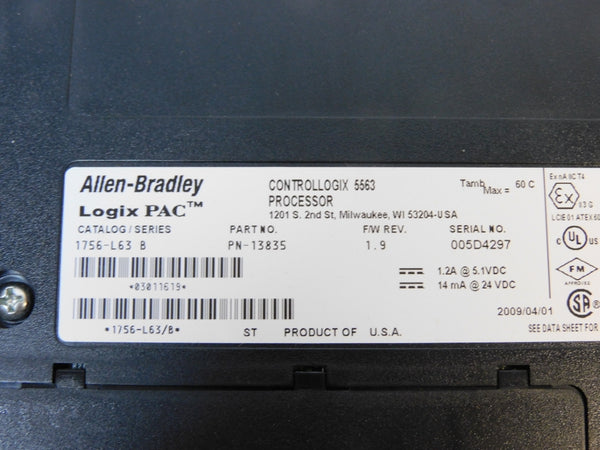 ALLEN BRADLEY 1756-L63 SER. B F/W 1.9 24VDC NSNP