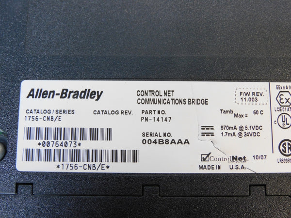 ALLEN BRADLEY 1756-CNB SER. E F/W 11.003 24VDC UNMP