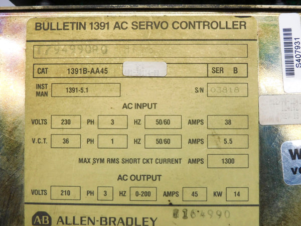 ALLEN BRADLEY 1391B-AA45 SER. B 230V 38A (AS PICTURED) UNMP