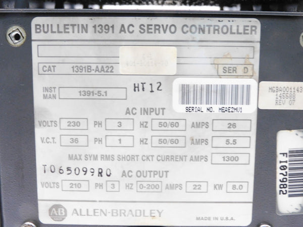 ALLEN BRADLEY 1391B-AA22 SER. D 230V 26A UNMP