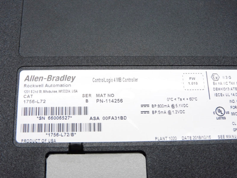 ALLEN BRADLEY 1756-L72 SER. B F/W 1.010 5.1VDC NSMP