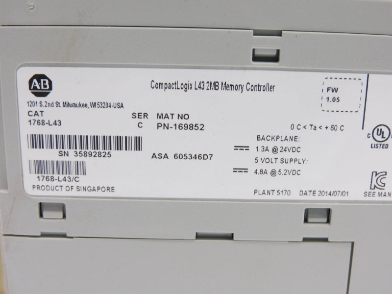 ALLEN BRADLEY 1768-L43 SER. C 24VDC 1.3A F/W 1.05 NSMP