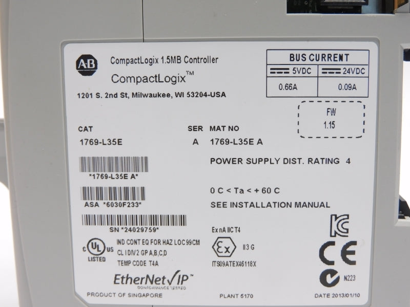 ALLEN BRADLEY 1769-L35E SER. A F/W 1.15 24VDC .66A NSMP