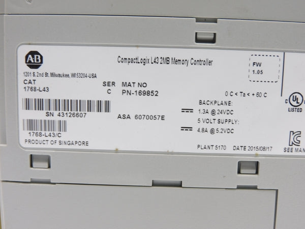 ALLEN BRADLEY 1768-L43 SER. C 24VDC 1.3A F/W 1.05 (NO KEY) NSMP