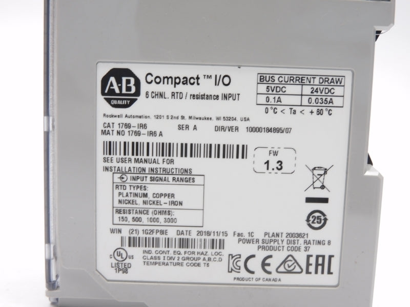 ALLEN BRADLEY 1769-IR6 SER. A 24VDC 0.035A F/W 1.3 NSMP