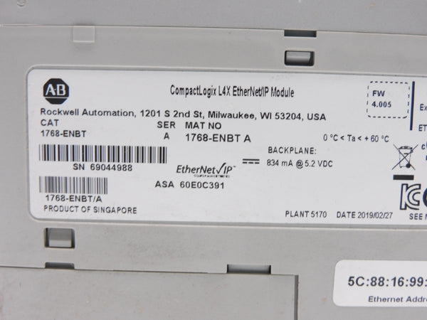 ALLEN BRADLEY 1768-ENBT SER. A 5.2VDC F/W 4.005 NSMP