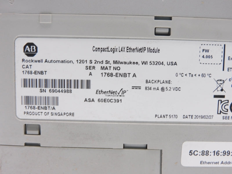 ALLEN BRADLEY 1768-ENBT SER. A 5.2VDC F/W 4.005 NSMP