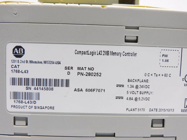 ALLEN BRADLEY 1768-L43 SER. D 24VDC 1.3A F/W 1.06 NSMP