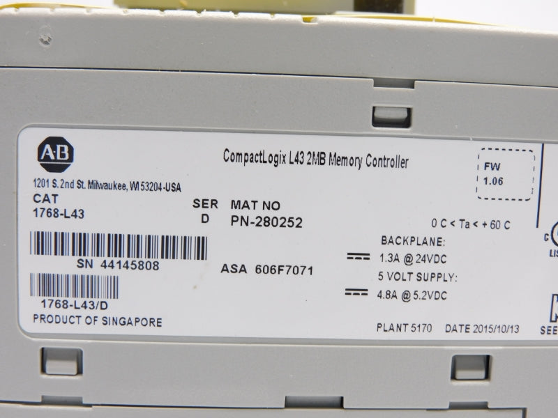 ALLEN BRADLEY 1768-L43 SER. D 24VDC 1.3A F/W 1.06 NSMP