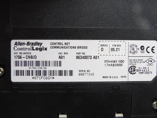 ALLEN BRADLEY 1756-CNB SER. D 24VDC F/W 05.21 NSNP