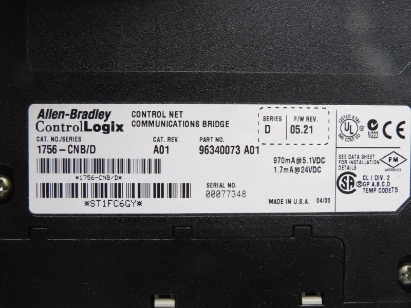 ALLEN BRADLEY 1756-CNB SER. D 24VDC F/W 05.21 NSNP