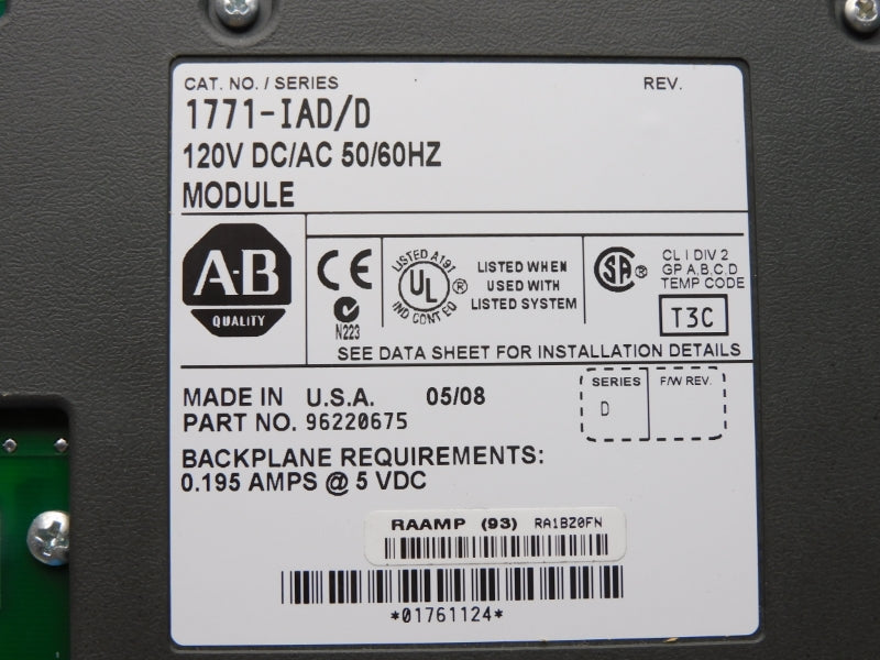 ALLEN BRADLEY 1771-IAD SER. D 120VDC/AC 0.195A REMAN