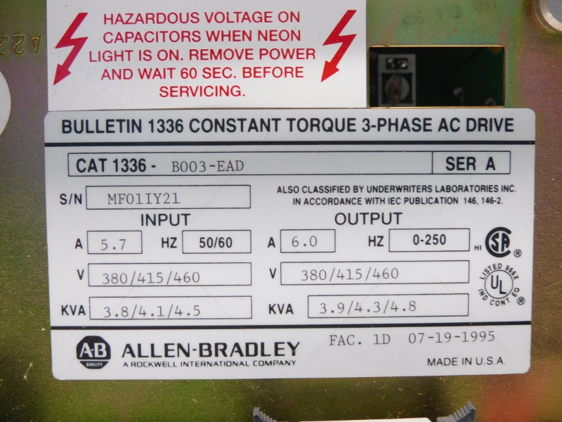 ALLEN BRADLEY 1336-B003-EAD SER. A 460V 6.0A NUPI