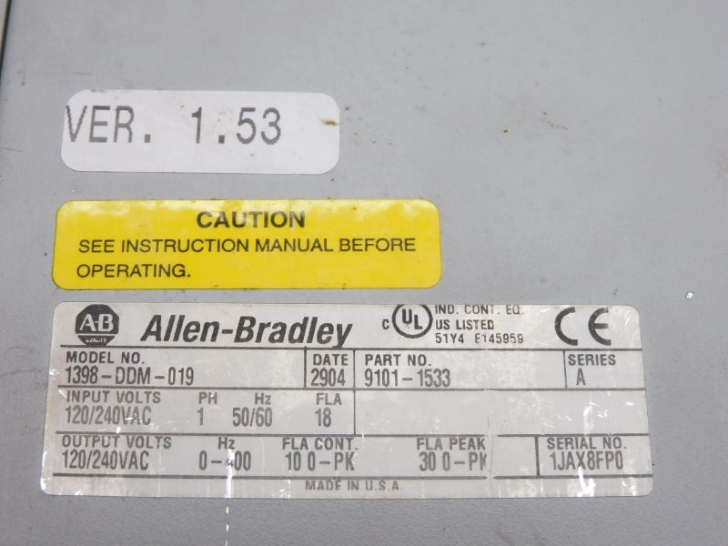ALLEN BRADLEY 1398-DDM-019 SER. A F/W 1.53 120/240VAC UNMP