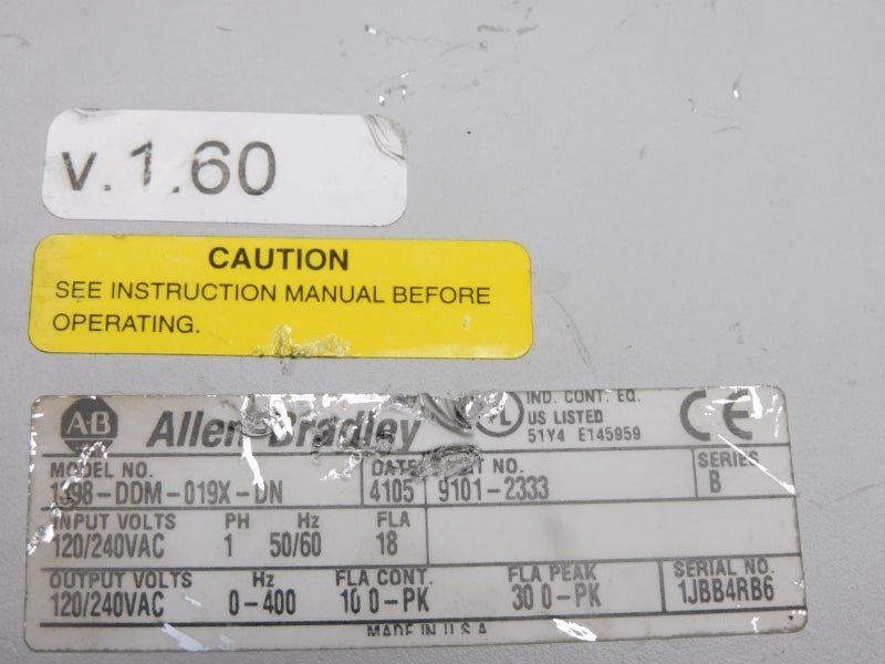 ALLEN BRADLEY 1398-DDM-019X-DN SER. B F/W 1.60 120/240VAC (AS PICTURED) UNMP