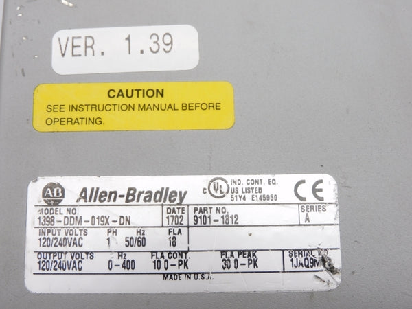 ALLEN BRADLEY 1398-DDM-019X-DN SER. A F/W 1.39 120/240VAC (AS PICTURED) UNMP