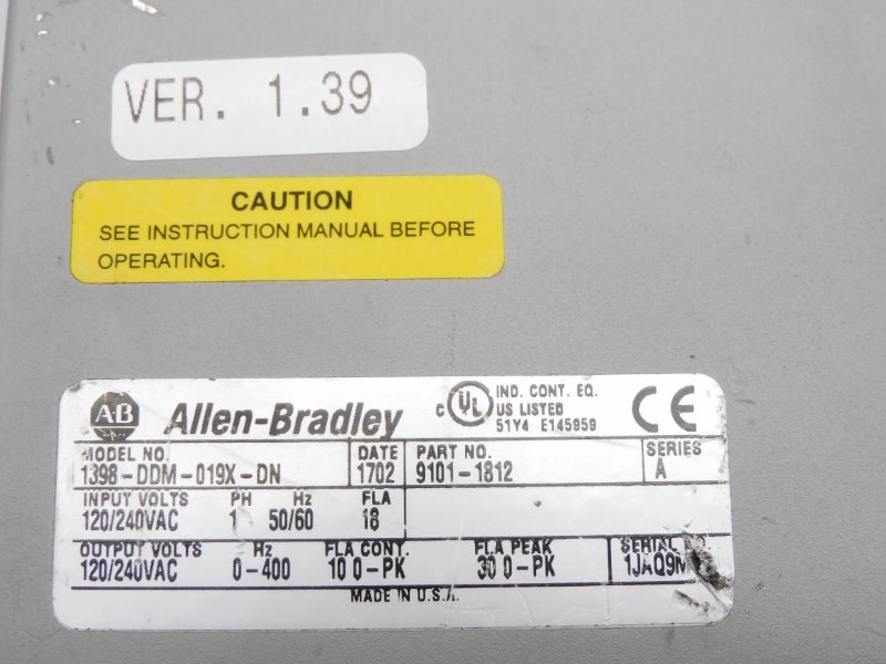 ALLEN BRADLEY 1398-DDM-019X-DN SER. A F/W 1.39 120/240VAC (AS PICTURED) UNMP