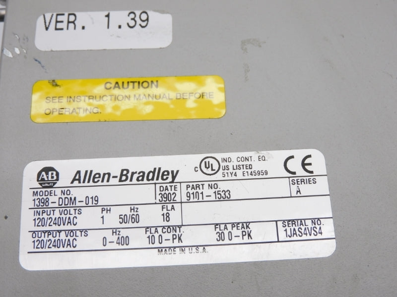 ALLEN BRADLEY 1398-DDM-019 SER. A F/W 1.39 120/240VAC (NO COVER) UNMP