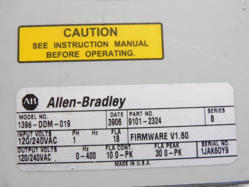 ALLEN BRADLEY 1398-DDM-019 SER. B F/W 1.60 120/240VAC (AS PICTURED) UNMP