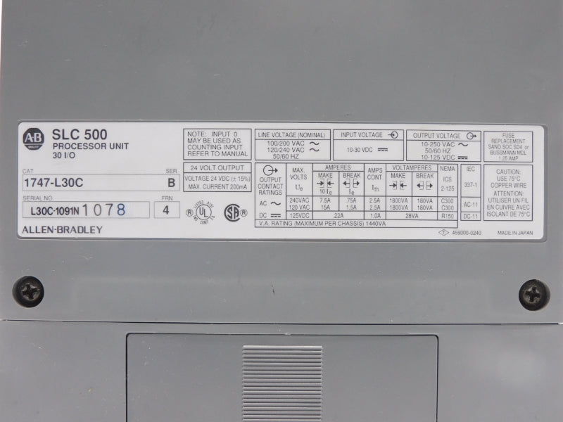 ALLEN BRADLEY 1747-L30C SER. B F/W 4 120/240VAC 15A UNMP