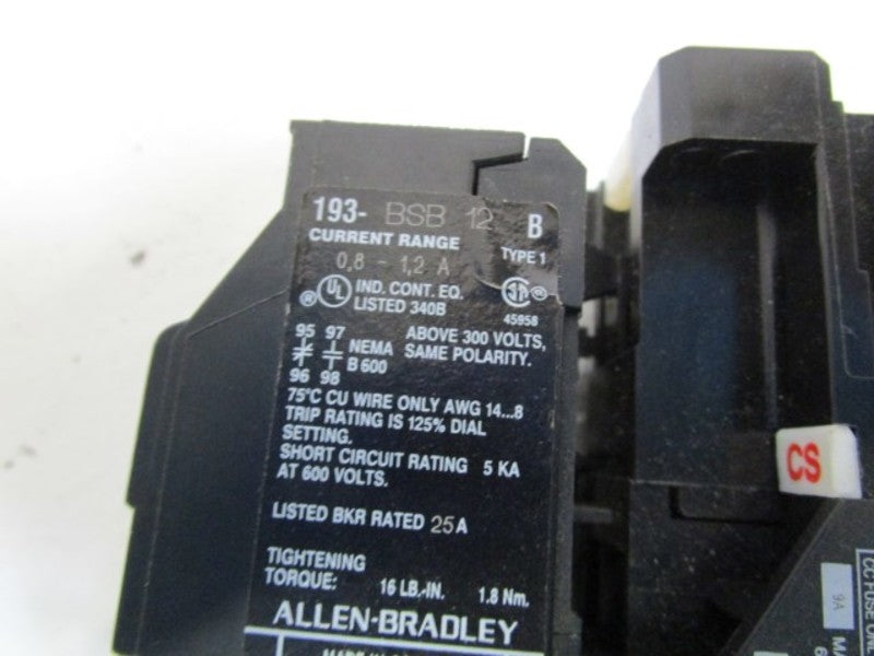 ALLEN BRADLEY 100-A09ND3 SER. B CONTACTOR w/ 193-BSB12 SER. B  UNMP