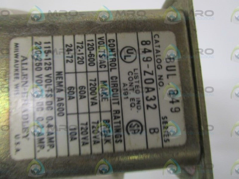 ALLEN BRADLEY 849-ZOA32 SER. B PNEUMATIC TIMER RELAY (AS PICTURED)  UNMP
