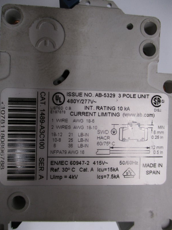 ALLEN BRADLEY 1489-A3C100 SER. A 10A 480/277V NSNP