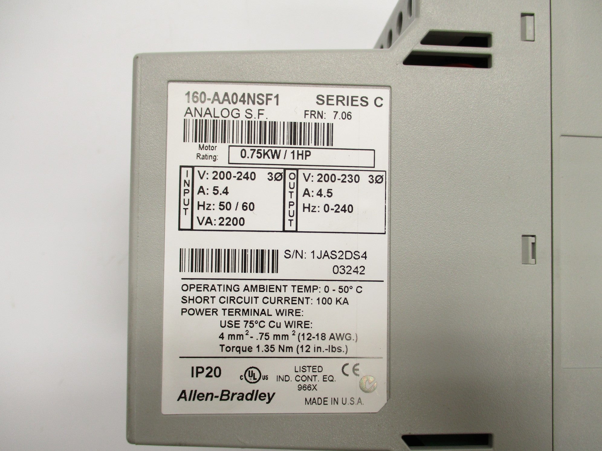 ALLEN BRADLEY 160-AA04NSF1 SER. C F/W 7.06 UNMP