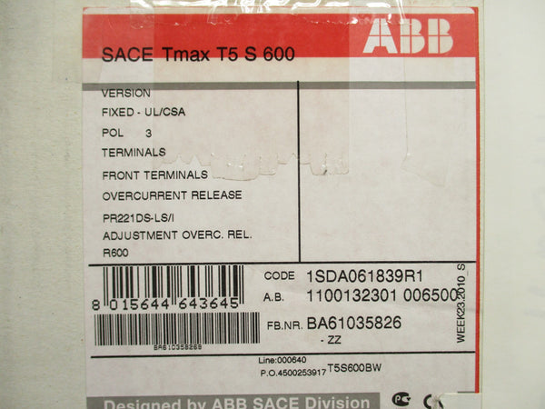ABB 1SDA061839R1 SACE TMAX T5S600 600A 600V NSMP