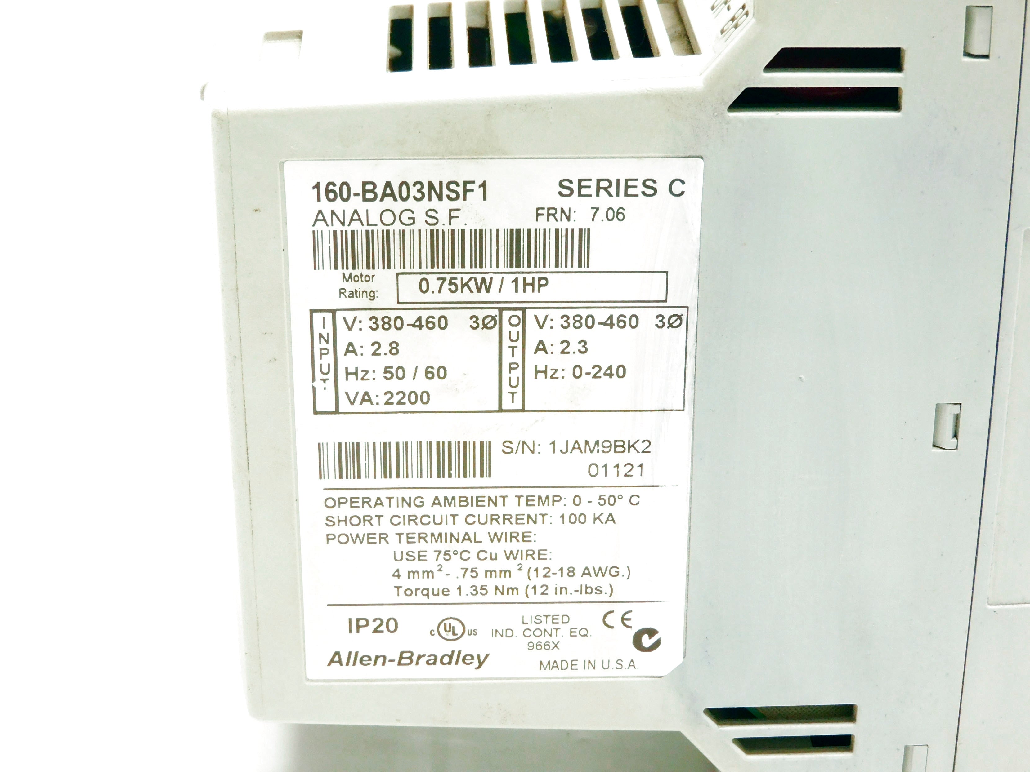 ALLEN BRADLEY 160-BA03NSF1 SER. C F/W 7.06 380-460V 2.8A UNMP