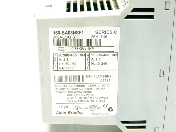 ALLEN BRADLEY 160-BA03NSF1 SER. C F/W 7.06 380-460V 2.8A UNMP