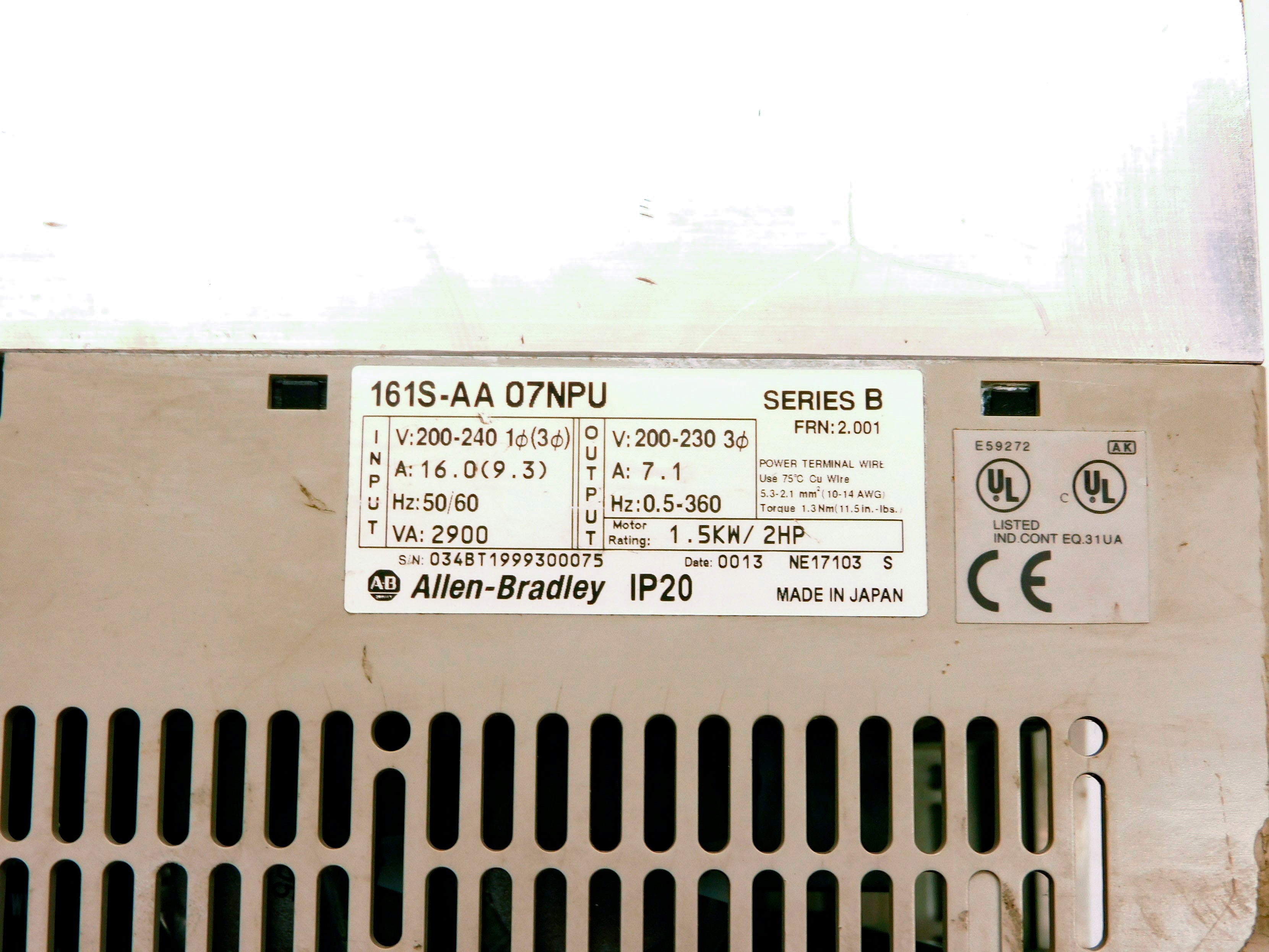 ALLEN BRADLEY 161S-AA07NPU SER. B F/W 2.001 (AS PICTURED) UNMP
